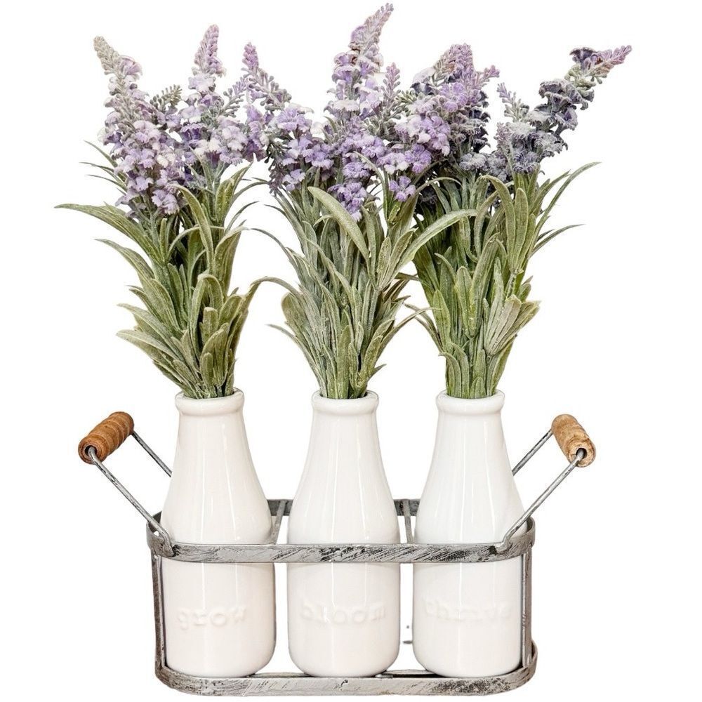 Farmhouse Style Milk Bottle Vases & Faux Florals Metal Holder Decorative Accent.